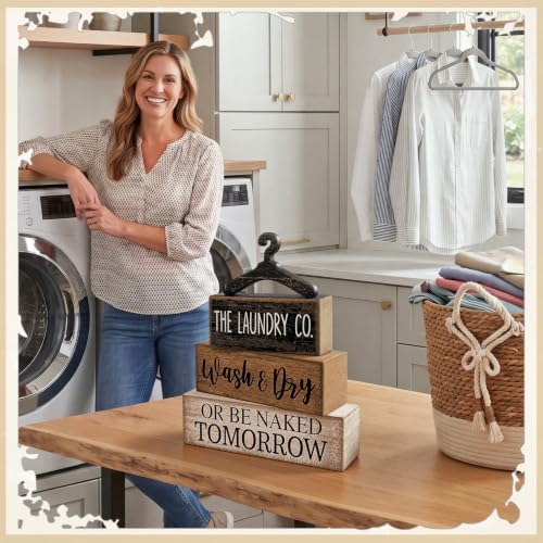 Moucuny 4 Pcs Farmhouse Laundry Room Decor Stacked Blocks Rustic Home Decor - Image 2