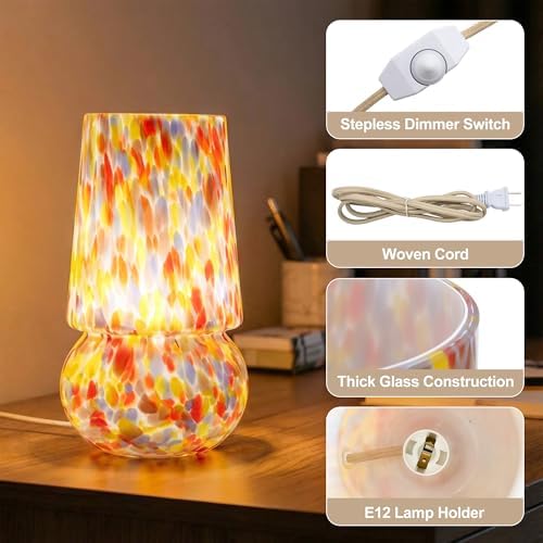 9.8″ Mushroom Glass Table Lamp, Dimmable Modern Beside Lamp,Pastel Confetti - Image 3