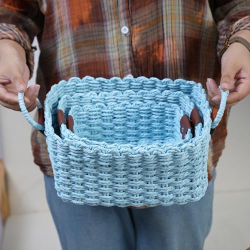 Woven Paper Rope Wicker Basket for Organizing(Set of 3,Blue) - Image 4