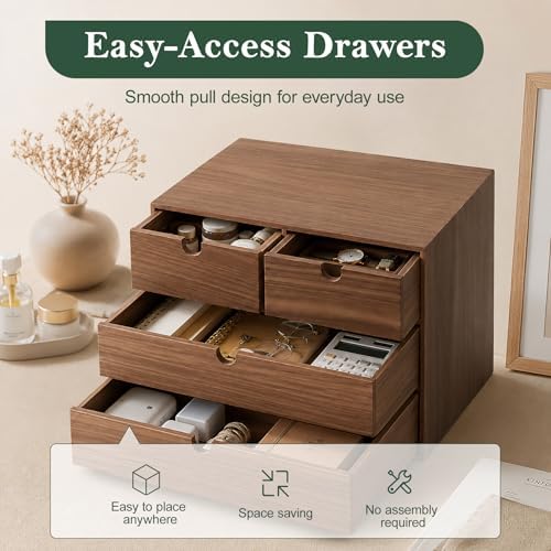 3-Tier Wooden Desk Organizer with 4 Drawers, Walnut Finish - Image 3