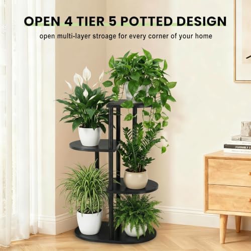 Tiered Plant Stand Indoor, Tall 4 Tier 5 Potted Wooden Plant Shelf for Multiple Flower Plants, Multi Corner Metal Plant Holder Indoor for Patio Garden Patent Design Living Room Balcony Bedroom, Black - Image 6