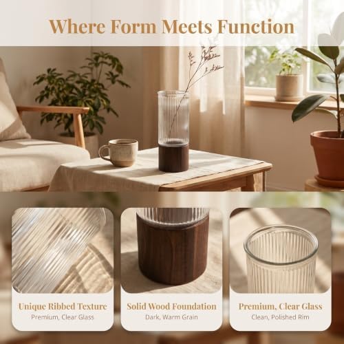 Glass Tube Vase with Wood Stand Rustic Striped Cylinder - Image 3