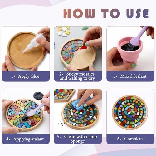 DIY Mosaic Tiles Crafts Kits for Adults, Mixed Stained Glass Mosaic Kit with 2 PCS Wooden Coaster Making Materials Package,Mosaic Adult Crafts for Women Beginners Handmade Home Decor Gifts - Image 4