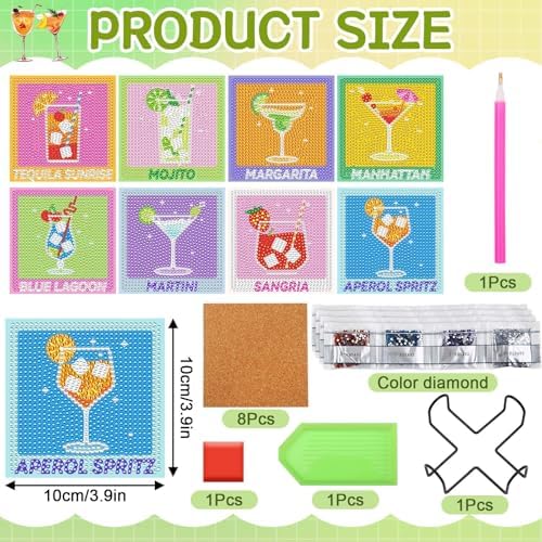 UPINS 8Pcs Cocktail Diamond Art Coasters,Summer Beach Diamond Art Coasters with Holder for Adults DIY Drink Bar Party Home Warming Gifts - Image 2
