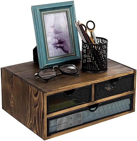 MyGift Rustic Burnt Brown Solid Wood Desktop Organizer Box with 3 Removable Black Metal Mesh Trays, Office Desk Supplies Storage Drawers for Accessories by MyGiftHome