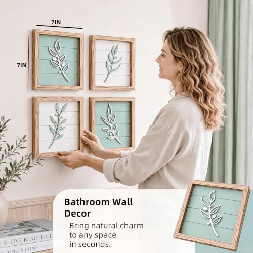 3D Sage Green Leaf Wall Art (Framed Set of 4), Botanical Boho Bathroom Art,Lightweight Ready-To-Hang Textured Artwork Wall Decor for Bedroom,Bathroom,Living Room or Office (7”X7” Sage Green) - Image 2