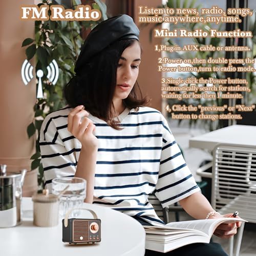 Retro Bluetooth Speaker, Wireless Mini Portable Speakers Support USB/TF Card/AUX, Vintage Radio Bluetooth Speaker for Kitchen Desk Bedroom Office Outdoor, Retro Gifts for Women Men, Black - Image 4