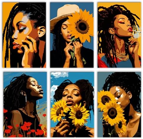 African American Girl 6 Sets Paint by Number Kit for Adults 8 x 12 inch Canvas Black Girl with Sunflowers DIY Oil Painting Easy for Beginner Paint by Numbers Acrylic Pigment-Girls Night Party Choice by Tucocoo