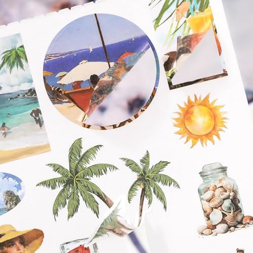 Summer Beach Scrapbook Sticker Book, 500+ Vintage Travel Stickers for Scrapbooking, 20pcs Aesthetic Scrapbook Papers for Adults Women DIY Bullet Junk Journals Supplies, Washi Stickers for Journaling - Image 6