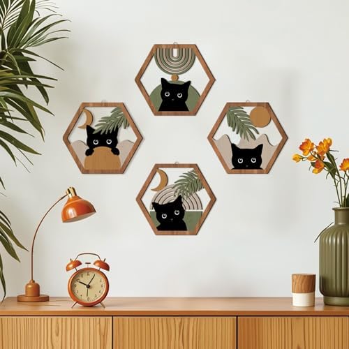 HPNIUB Boho Black Cat Wall Decor, Farmhouse Geometric Hanging Wooden Wall Art, 4 Pieces 11''x9.8'' Mid Century Bohemian Abstract Moon and Sun Wood Sign for Nursery Bedroom Decoration, Lovely Cat Gifts - Image 3