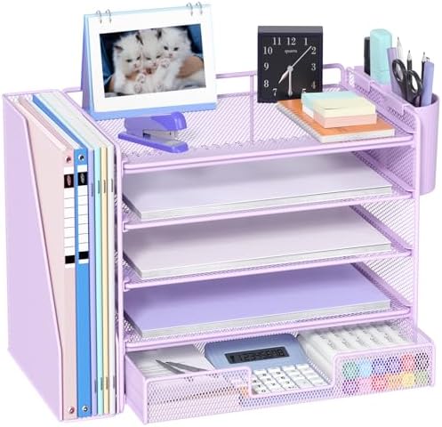 OPNICE Desk Organizer, 5-Tier Desktop File Organizer with Drawer and Pen Holders, Office Desk Accessories, File Sorters, Workspace Organizers for Office Supplies(Purple) by OPNICE