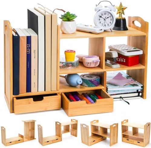 Eorbow Bamboo Desktop Bookshelf, Expandable Counter Bookcase, Storage Shelves Rack Organizer with Anti-Slip Pads, Cute Small Desk Display Cubby Top for Office Supplies, No Assembly Needed by Eorbow