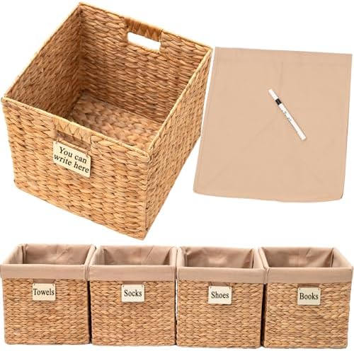 Water Hyacinth Storage Baskets Set of 4, 12x12x12 Wicker Cube Storage Bins for Shelves, Woven Basket Organizer for Closet, Rattan Cube Shelf Bins, Canastas Para Organizar, Natural Handwoven by TRUTHEQUEEN