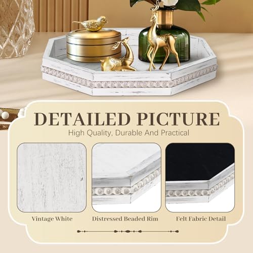 Wooden Decorative Tray, Small Serving Tray with Wood Bead, Farmhouse Big Tray for Ottoman, Countertop, Coffee Tabl, 13" x 13"x 1.6" (Retro White) - Image 7