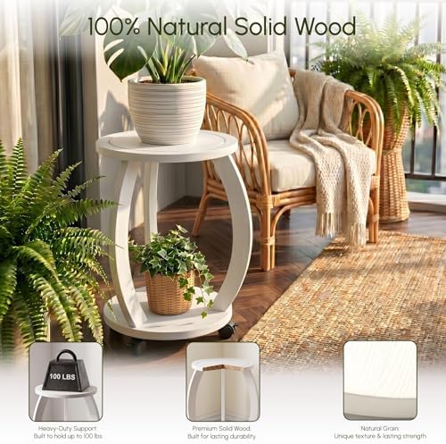 2 Tier Wooden Plant Stand Indoor with Wheels – Tall Plant Stand for 6-12 Inch Pots, Mid-Century Modern Rustic Plant Table Indoor, Pedestal Stand for Corner, Living Room, Balcony, White - Image 4