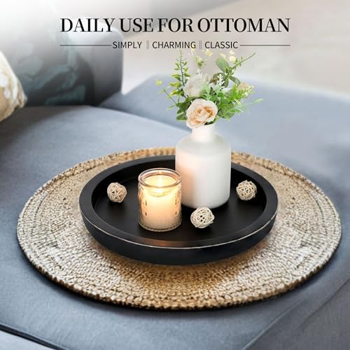 Hanobe Wooden Tray for Coffee Table: Candle Holder Plate Black Round Decorative Serving Tray - Vintage Table Centerpiece Rustic Farmhouse Home Decor - Image 2