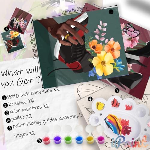2Pcs Painting by Numbers Paint and Sip Kit for Adults,Pre Drawn Canvas to Paint for Flower Butterfly Date Night for Couples DIY Acrylic Painting Kits 8×10 - Image 2