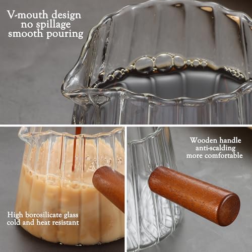 Espresso Cups 4 OZ, Double V-Shaped Spouts Cups, Espresso Shot Glasses with Wood Handle, Ribbed Milk Measuring Cup - Image 5