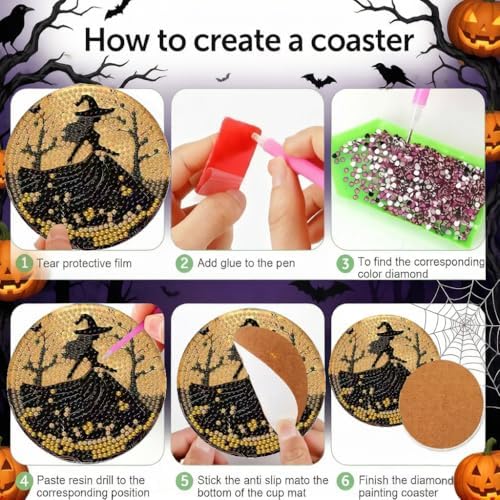 LWZAYS 8 Pcs Halloween Diamond Art Coasters Kit - DIY 5D Small Diamond Painting Coasters with Holder, Diamond Art Kits for Adults Coasters, Arts and Crafts for Adults - Image 5
