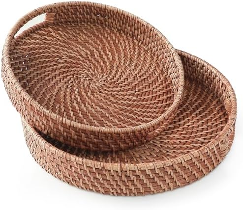 HITOMEN Hand-Woven Round Rattan Serving Tray Decorative Ottoman Wicker Platter with Handles for Coffee Table, Breakfast, Drinks, Snack, Bread, Fruit, Vegetables (Honey Brown Set of 2: M+L) by HITOMEN
