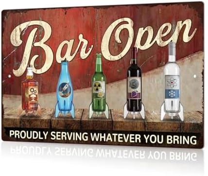 Putuo Decor Vintage Bar Sign, Bar Open Proudly Serving Whatever You Bring Metal Plaque, Retro Rocket Bottle Themed Wall Decor for Man Cave Bar Garage, Funny Drinking Gift by PUTUODECOR