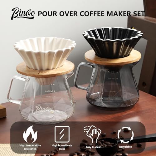 Bincoo 400ML Pour Over Coffee Maker Set with Filter Paper,Ceramic Coffee Dripper with Wood Stand Set for 1-2 Cups-Professional Brewing Tools for Pour Over & Drip for Home Office (Black) - Image 6