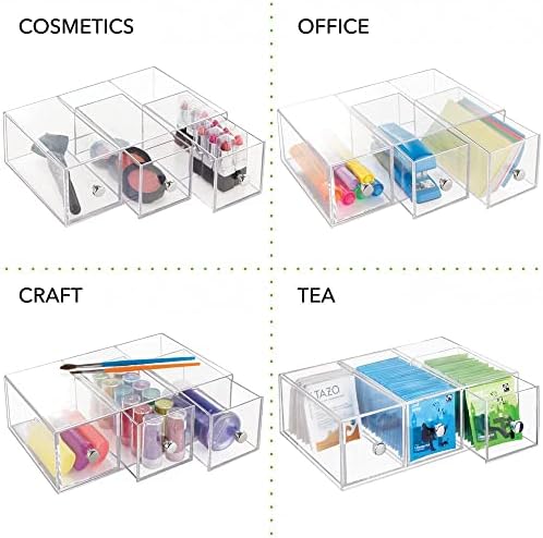 mDesign Plastic Kitchen Pantry Stackable Storage Organizer Container Station with 3 Drawers for Cabinet, Countertop, Holds Coffee, Tea, Sugar Packets, Creamers - Lumiere Collection - Clear - Image 4