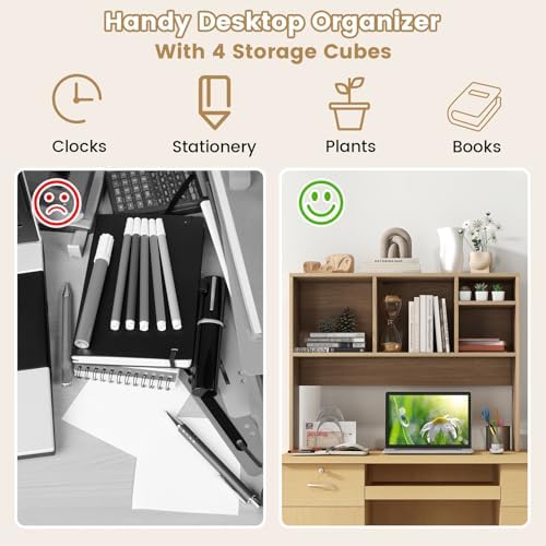 Giantex Desktop Bookshelf, Countertop Storage Hutch with 4 Shelves for Computer Desk, Dressing Tabletop Display Rack, Multipurpose Desk Hutch Storage Organizer for Home Office Dorm, Natural - Image 5
