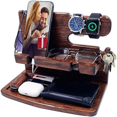 VEIYAILU Gifts for Men Women Dad Husband Son Boyfriend Him Desk or Nightstand Organizer Birthday Gifts Wood Phone Docking Station Anniversary Idea from Wife - Key Holder, Watch (Dark Brown) by VEIYAILUGiftsForMen
