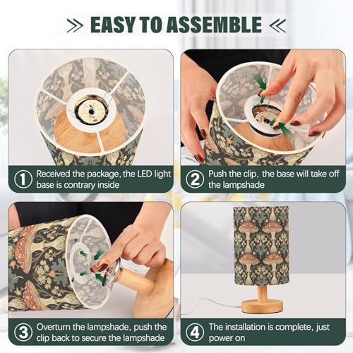 William Morris Style Mushroom Table Lamp for Bedroom USB Port Lamps Small Accent Table Lamp Nightstand Lamp Sturdy Linen Shade Wooden Base Decorative Lamps for Bedside Reading|Kids|Dorm|Home - Image 6