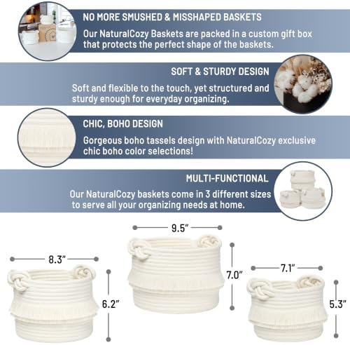 NaturalCozy 3-Piece Decorative Storage Basket Set – Cotton Rope Woven Baskets for Organizing! Small Storage Bins for Nursery Baby Stuff, Gift, Montessori, Dog Toy Bin, Cat Toys, Bathroom Shelves - Image 2
