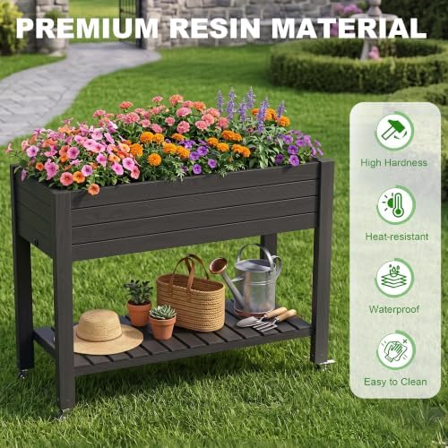 Elevated Resin Raised Garden Bed, 33.7in Height Raised Planter Box with Drainage Holes, Lockable Rotating Wheels & Bottom Storage Shelf, Stake Support, Easy Assembly for Patio Lawn Backyard Balcony - Image 3