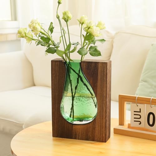 Wood and Glass Inlay Vases Farmhouse Wooden Glass Flower Vase Solid Wood Glass Vase Home Decor Vases for Centerpiece (9.29 Inches) - Image 5
