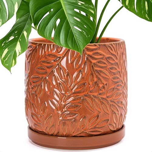 D'vine Dev Embossed Leaves Ceramic Planter, 10 in, Pumpkin, 27-A-P-J by DvineDevPlanterPotsandStand