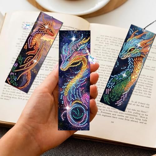 5D DIY Diamond Art Bookmarks Kit Dragon 6 PCS Acrylic Diamond Painting Bookmarks Kits with Tassels Double Side, Rhinestone Crafts Decoration Gift Set for Book Lovers Beginners & Adults (Partial Drill) - Image 3