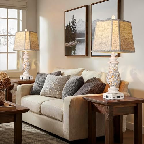 PARTPHONER 29" Table Lamps Set of 2, Bedside Lamps with USB A+C Ports & Night Light, Farmhouse Nightstand Lamps with Linen Fabric Shades for Bedroom Living Room, Antique White (LED Bulbs Included) - Image 6