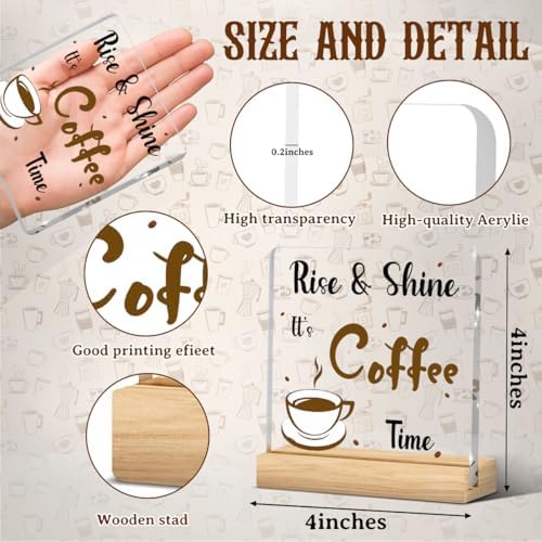 Coffee Bar Decor Sign, Coffees Nook Decoration, Cafe Station Accessories, Rise & Shine It's Coffee Time, Funny Acrylic Gift Wood Plaque with Stand Office Farmhouse Kitchen Decor 4"x4" - Image 2