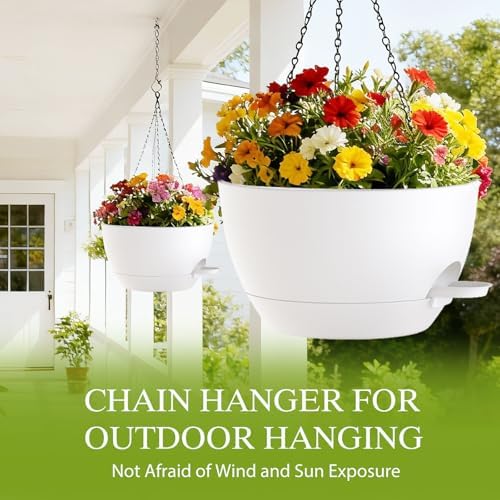 10 Inch Hanging Baskets 2 PC with Chains, Self-Watering Hanging Planters for Indoor Outdoor Plants, Plastic Hanging Flower Pots,White - Image 5