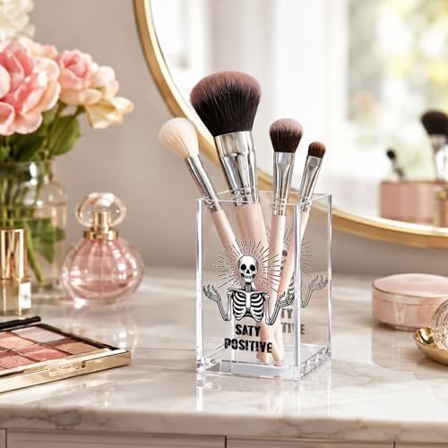 Skeleton Acrylic Pen Holder Cup, Stay Positive Funny Desk Decor, Goth Pencil Holder Organizer, Skull Office Accessories, Cute Coworker Gift for Women Men - Image 2