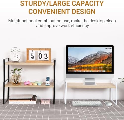 YGYQZ Desk Shelf Organizer for Top of Desk, 1-Tier Desktop Bookshelf, White & Wood - Image 4