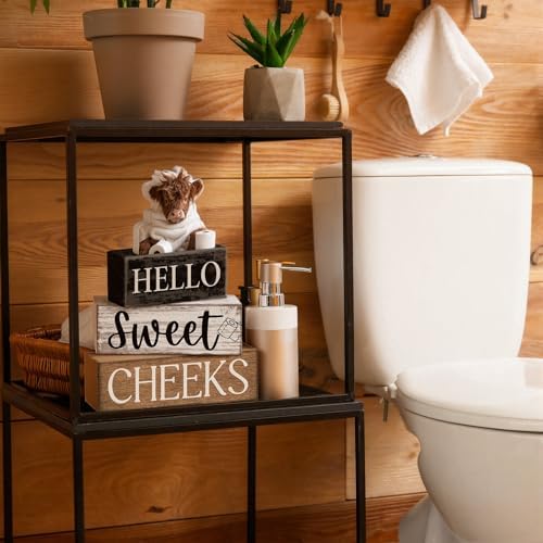 Moucuny 4 Pcs Highland Cow Bathroom Decor Wooden Signs, Farmhouse - Image 5