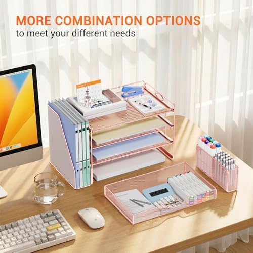 OPNICE Desk Organizers and Accessories, 4-Tier Desktop File Organizer with Drawer and Pen Holders, Office Desk Accessories Workspace Organizers for Office Supplies (Rose Gold) - Image 5