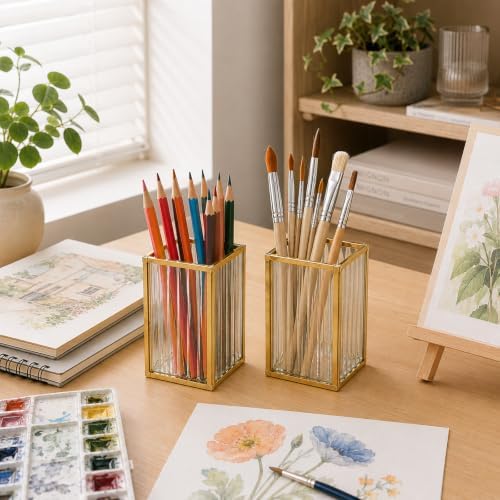 Feyarl Ribbed Glass Pen Holder Gold Metal Desk Organizer for Pens Pencils Markers Makeup Brushes Decorative Striped Glass Pencil Cup for Office Desk Vanity Home Decor - Image 3