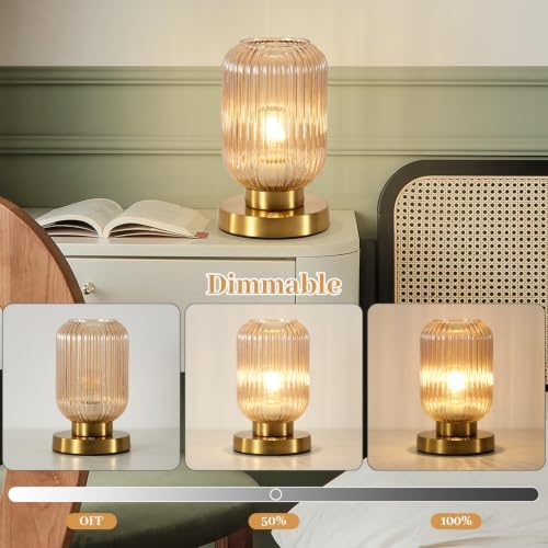 Rechargeable Amber Glass Table Lamp,Vintage Ribbed Bedside Lamp - Image 6