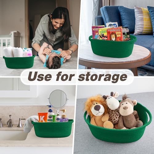 Pro Goleem Small Woven Basket with Gift Bags and Ribbons Durable Baskets for Gifts Empty Small Rope Basket for Storage 12"X 8" X 5" Baby Toy Baskets with Handles, Green - Image 5