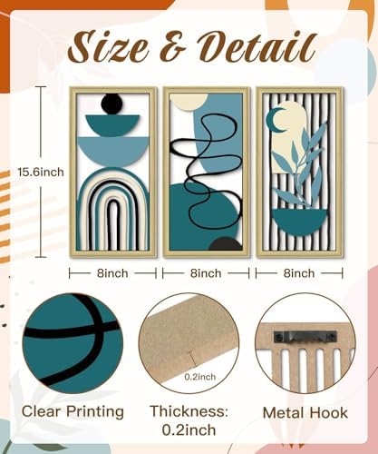 Putuo Decor Boho Wall Art Set of 3 Modern Minimalist Wooden Wall Decor Abstract Geometric Room Decorations Mid Century Artwork for Living Room Bedroom Office in Blue Tones 16.5 x 8.6 Inch - Image 3