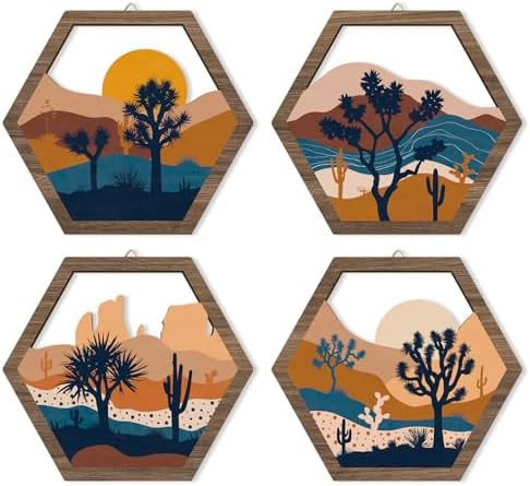 HPNIUB 4 Pcs Boho Mountains Scenery Wall Art Decor, Farmhouse Abstract Sunrise Trees Desert Cactus Hanging Wood Sign for Living Room, Aesthetic Bohemian Botanical Wooden Plaque for Apartment Bedroom(11''x9.8'') by HPNIUB