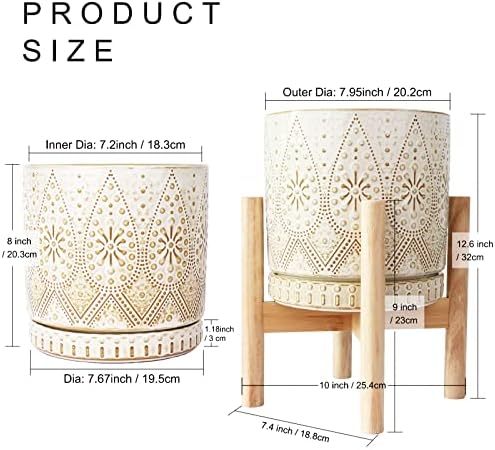 8 Inch Plant Pot with Stand, Ceramic Planter with Drainage Holes, Saucers and Mesh Pads for Indoor-Outdoor Plants - Image 2