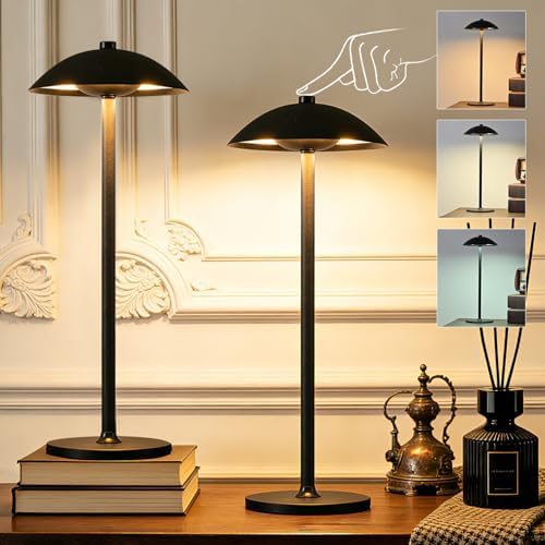 Cordless Metal Table Lamp, 3-Color Modes Vintage Mushroom Desk Lamp, Stepless Dimmable Nightlight with Touch Sensor, Matte Black Decorative Lighting for Bar Counter, Dining Room, Bedroom by Zoeger