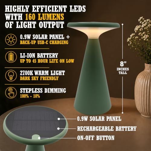 Solar Mushroom Lamp, Stepless Dimming, 45h Runtime, Green - Image 3